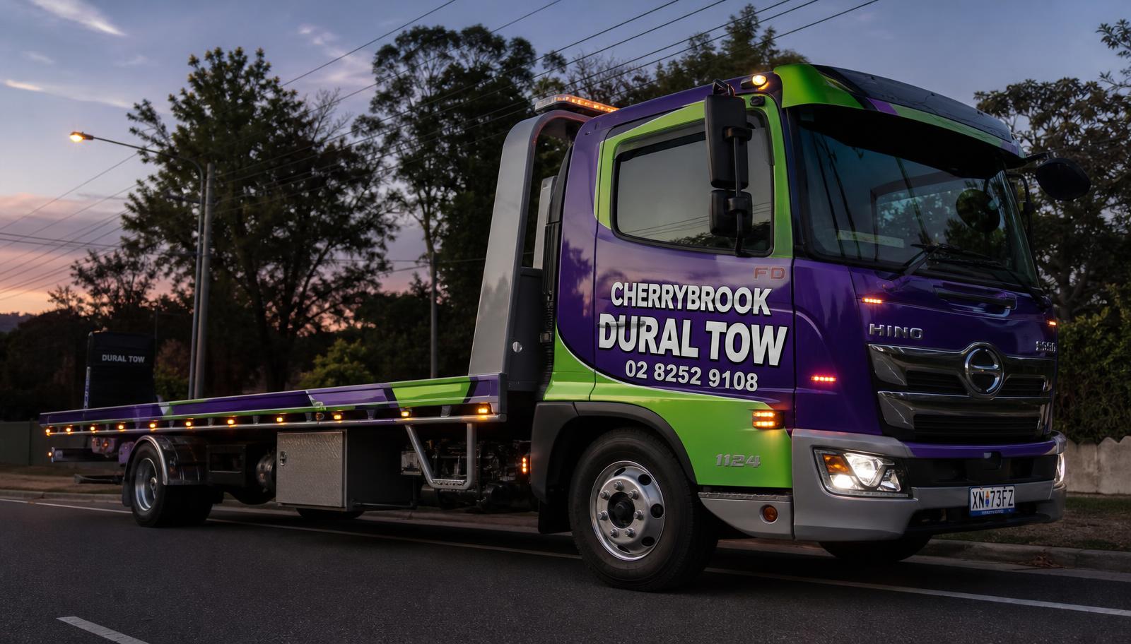 Cherrybrook Dural Tow purple and green tow truck with phone number 02 8252 9108